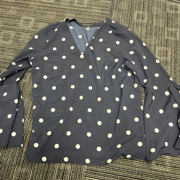 BANANA REPUBLIC Women's Polka Dot Sheer Bell Sleeve Top Blouse Blue/White Large - Picture 1 of 9
